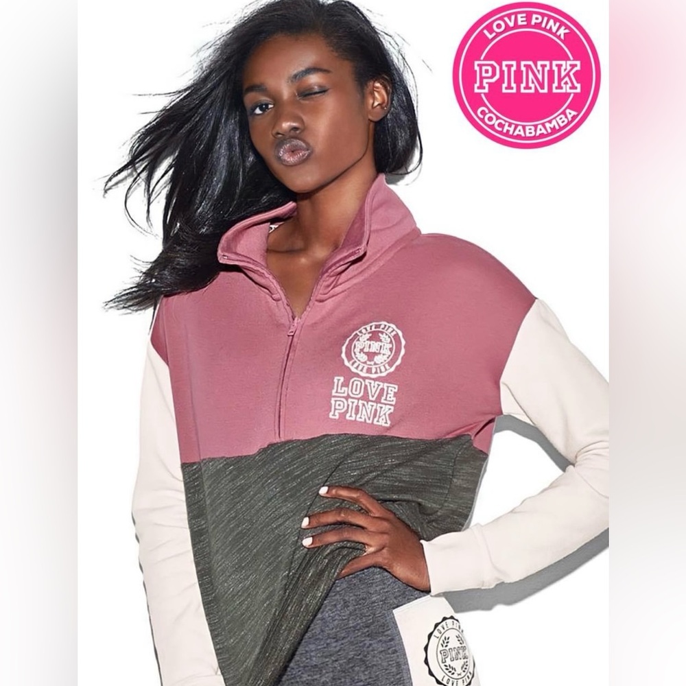 PINK quarter zip block pull over sweatshirt